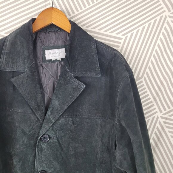 Vintage Suede Leather Sport Coat Jacket Men's Large Black Button Up Mens - Picture 2 of 10